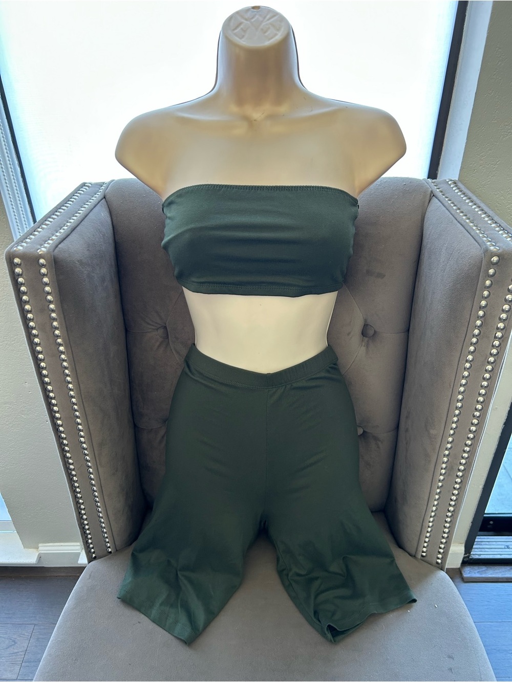 Olive Green Strapless Tube Top & High-Waist Shorts Set